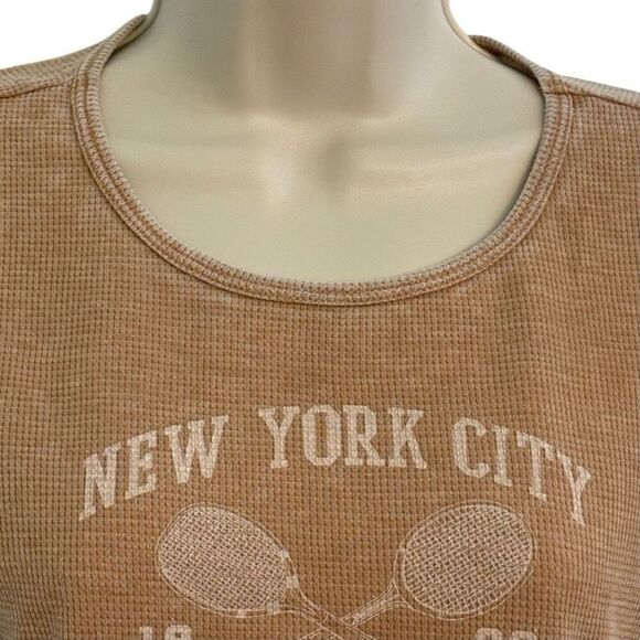 LG American Eagle Graphic Crop Top T Shirt Camel Brown Waffle Knit Tennis Team N - Picture 4 of 5